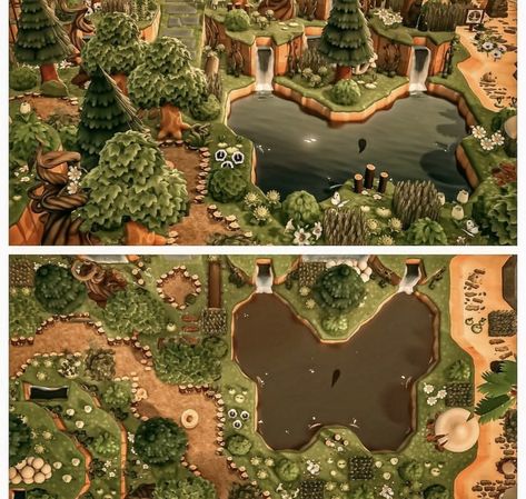 Forest Island Animal Crossing, Pond Ideas Acnh, Animal Crossing Island Inspiration Cottage Core, Forest Core Acnh, Acnh Butterfly Pond, Acnh Forest Idea, Animal Crossing Pond Ideas, Acnh Mushroom Forest, Acnh Pond Idea