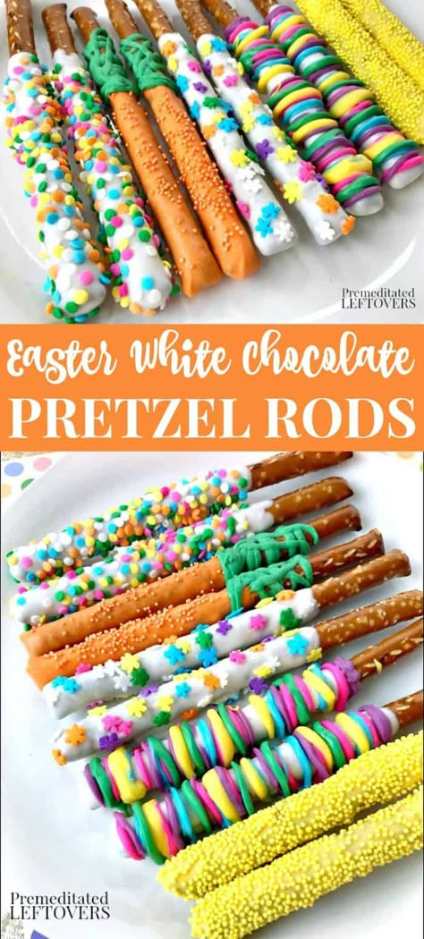 These Easter-themed white chocolate covered pretzel rods are easy to make. 5 white chocolate dipped pretzel variations with colored candy melts and Easter sprinkles. Easter Pretzel Rods, Easter Themed Desserts, Easter Pretzel, Chocolate Pretzel Rods, Chocolate Dipped Pretzel Rods, Fun Easter Treats, Easter Deserts, White Chocolate Covered Pretzels, Dipped Pretzel Rods