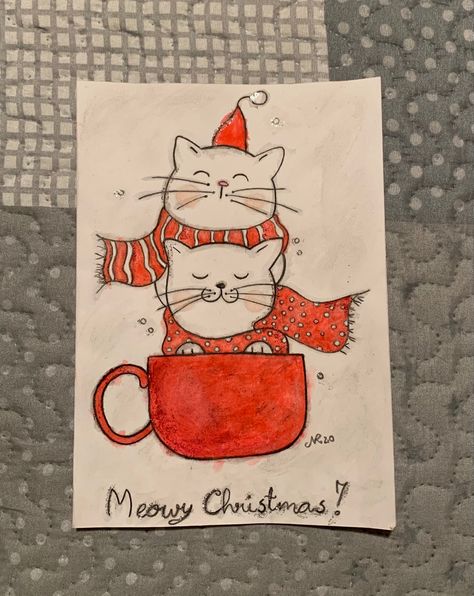 Cat Christmas Cards Diy, Diy Christmas Cards Drawing, Christmas Drawings Cute, Christmas Cards With Cats, Christmas Card Drawing Ideas, Christmas Cat Drawing, Trading Card Ideas, Christmas Cards Drawing, Xmas Drawing