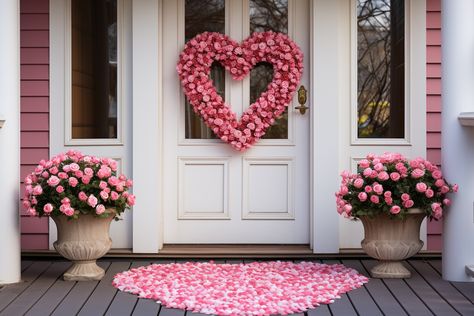 front door settings in valentines day interior design style Valentines Porch Decorations, Front Door Valentines Day Decor, Valentines Front Porch Decor, Valentines Porch Decor, Valentine Porch Decor, Valentines Day Style, Front Walk, Valentines Decor