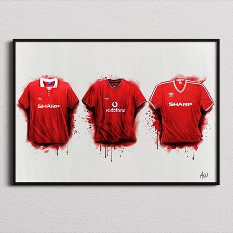 A painting that celebrates some the best Manchester United home shirt designs. This poster print would make the perfect gift for any Man Utd supporter, whether it be your dad, your boyfriend or a best friend. For more Manchester United gifts check out my store at https://www.etsy.com/uk/shop/HomeFansFC Manchester United Gifts, Manchester Football, Football Artwork, Art Football, Soccer Birthday, A Best Friend, Man Utd, Retro Home, Football Soccer