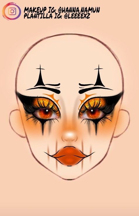 Orange And Black Clown Makeup, Halloween Makeup Drawing, Halloween Face Charts, Boceto Makeup Egirl, Leeeexz Makeup, Halloween Themed Makeup, Pretty Halloween Makeup Looks, Makeup Looks Drawing, Makeup Ideas Drawing