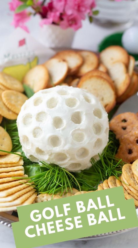 ⛳️ Fore! Swing into flavor with our delightful golf ball-shaped cheese ball! Made with delicious cheese and seasonings, it's the perfect tee-off treat for your next golf-themed party or snack time on the green. Perfect appetizer for Masters weekend too! Serve with crackers for a hole-in-one appetizer everyone will love! 🧀🏌️‍♂️ Golf Appetizers Parties, Golf Party Finger Foods, Masters Party Appetizers, Masters Party Snacks, Golf Ball Cheese Ball, Golf Charcuterie Board Ideas, Golf Inspired Food, Golf Themed Appetizers, Golf Snacks Ideas