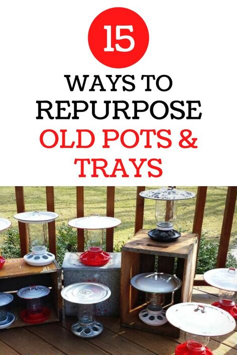 Put your old pots and pans to work with these recycling home decor ideas. Before you throw away your old kitchenware check out these cheap home decor ideas that are easy and budget friendly for some high end home decor items. #diy #homedecor #repurposed Repurposed Diy Ideas, Old Pots And Pans, Old Pots, High End Home Decor, Make A Bird Feeder, Planter Centerpiece, Cheap Home Decor Ideas, Chalkboard Vinyl, High End Home