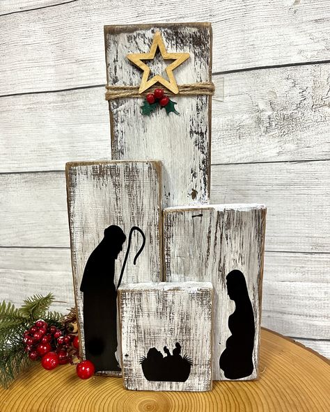 "In the heart of your holiday decor, our Primitive Christmas Nativity Set beckons with rustic charm and timeless tradition. Crafted with care, this nativity scene encapsulates the spirit of the season, bringing the sacred story to life in your home. Handmade from reclaimed wood.   Approximate Dimensions: 7\"x12\" Every item you see in this shop is uniquely handmade. We re-create to the best of our ability, but the beauty of handcrafted items is that each is truly one-of-a-kind. When ordering an item, please expect there to be slight discrepancies in the flowers and/or wood grain, etc. Colors can sometimes look slightly different due to the computer monitor settings and differences." Christmas Crafts 2x4, 4 X 4 Wood Crafts Ideas, Nativity Wood Crafts, Christmas Sanctuary Decorations, Christmas Crafts With Wood Blocks, Wood Crafts To Sell Project Ideas, Christmas Wood Craft Ideas, Christmas Crafts Diy Projects Wood, Nativity Crafts For Adults