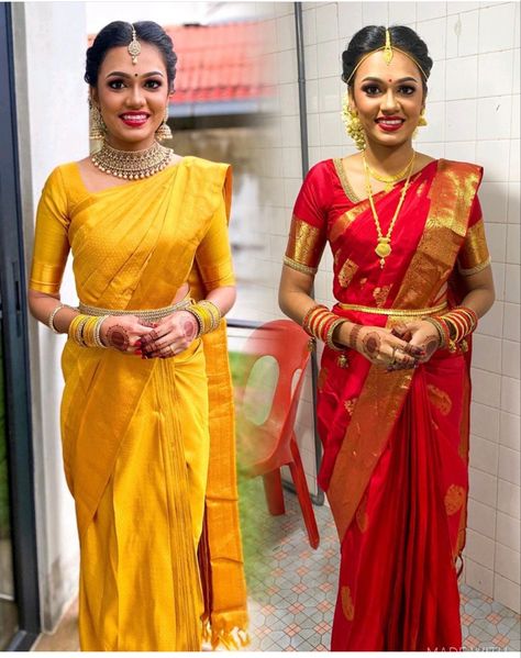 Yellow Saree Bride, Yellow Bridal Saree South Indian, Yellow Bridal Saree, Yellow Wedding Saree, Muhurtham Saree, Engagement Couple Dress, Yellow Sarees, Bride Sarees, Hairstyle Indian