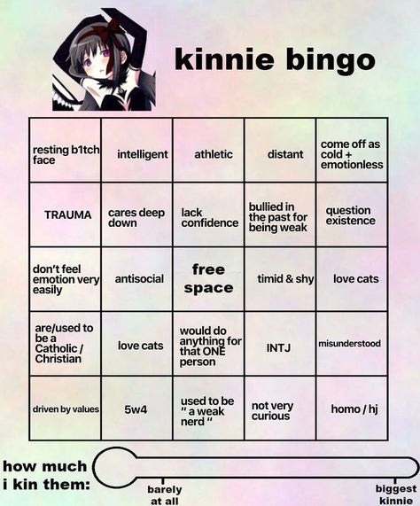 Kinnie Bingo Madoka Magica, Homura Akemi Kinnie Bingo, Homura Kinnie Bingo, Madoka Kinnie Bingo, Madoka Magica Kinnie Bingo, Bsd Kinnie Bingos, Kinnie Bingo, Clowncore Aesthetic, Cold Face