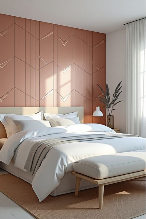 Scandinavian bedroom with rose gold metallic geometric wallpaper Modern Bedroom Wallpaper, Modern Wallpaper Ideas, Light Airy Bedroom, Different Interior Styles, Airy Bedroom, Modern Wallpaper Designs, Bedroom Wallpaper, Metallic Wallpaper, Modern Wallpaper