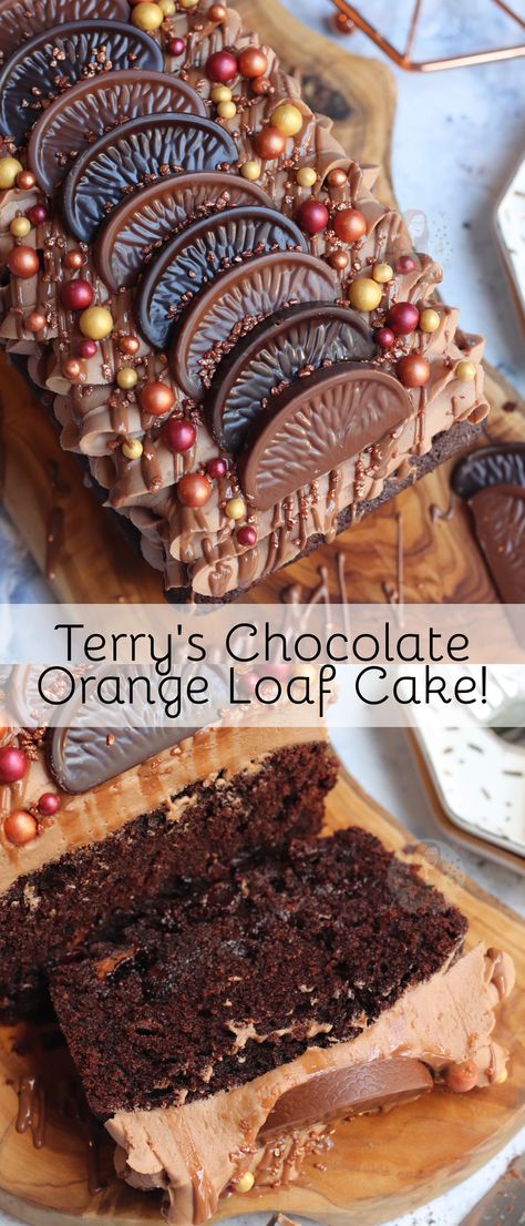 A Delicious and Sweet Terry's Chocolate Orange Loaf Cake studded with Terry's Chocolate Orange Chunks, and a Terry's Chocolate Orange Buttercream Frosting! Orange Buttercream Frosting, Orange Tart, Orange Loaf, Orange Loaf Cake, Food Hamper, Neuer Wallpaper, Janes Patisserie, Orange Buttercream, Terry's Chocolate Orange