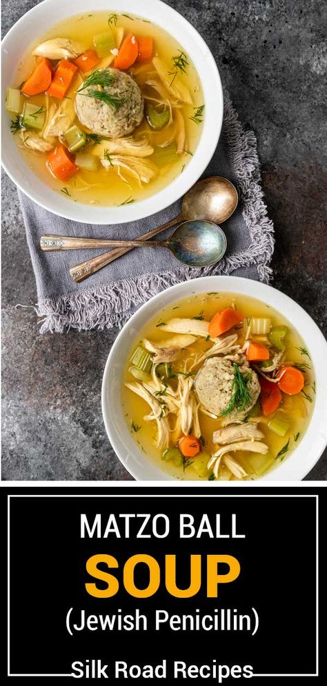 Matzo Ball Soup, also known as Jewish penicillin, is filled with hearty matzo balls, chicken, and tons of veggies. It’s warm and comforting! Chicken And Matzo Ball Soup, Jewish Soup Matzah Ball, Chicken Soup Jewish, Kosher Soup Recipes, Chicken Noodle Matzo Ball Soup, Slow Cooker Matzo Ball Soup, Chicken Matzah Ball Soup, Manischewitz Soup Recipes, Homemade Matzo Ball Soup Recipe