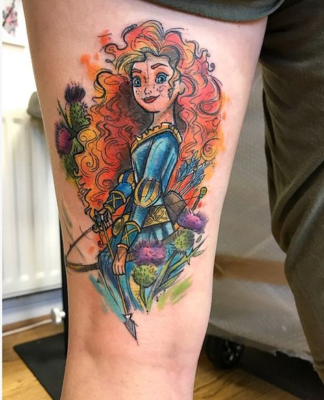 Image may contain: one or more people Brave Disney Tattoo, Brave Tattoo Disney, Disney Watercolor Tattoo, Brave Tattoo, Brave Disney, Disney Sleeve Tattoos, Be Brave Tattoo, Disney Sleeve, Becoming A Tattoo Artist