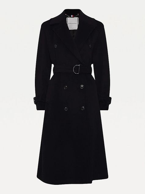 Recycled Wool Cashmere Trench Coat | BLACK | Tommy Hilfiger Hooded Coats, Princess Diana Fashion, Diana Fashion, Wool Overcoat, Wool Trench Coat, Trench Coat Black, Coat Black, Holiday Looks, Hooded Coat