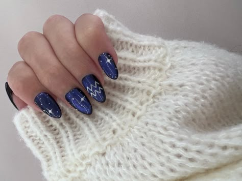 Zodiac Nails Aquarius, Birthday Nails Aquarius, Aquarius Nail Art, Acrylic Almond Shaped Nails, Aquarius Nails Designs, Aquarius Birthday Nails, Nails Aquarius, Aquarius Nails, Zodiac Nail Designs