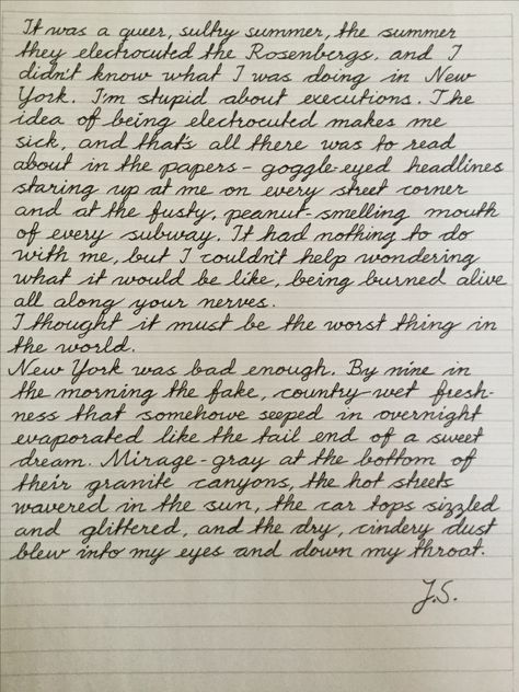 Practicing #cursive #handwriting with the first paragraphs from #TheBellJar Paragraph Writing Worksheets, Bad Handwriting, Amazing Handwriting, Cursive Writing Practice Sheets, Learn Handwriting, Cursive Handwriting Worksheets, Writing Practice Sheets, Cursive Handwriting Practice, Handwriting Examples