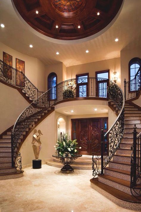 pιnтereѕт: @laυrenвoge ❁ سلالم حلزونية, Double Staircase, Mediterranean Decor, Mediterranean Homes, Luxury Homes Dream Houses, Grand Staircase, Entry Door, House Goals, Staircase Design