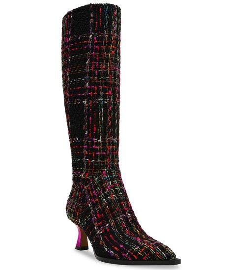 From Betsey Johnson, the Pamella Boucle Tall Boots feature:Fabric upperSide zipper closureSynthetic liningSynthetic outsoleApprox. 14.75" shaft heightApprox. 15" shaft circumferenceApprox. 2.75" heel heightImported. Wedding Slippers, Mary Jane Shoes Womens, Wingtip Oxford, Under Dress, Calf Boots, Dress And Heels, Tall Boots, Hunter Boots, Dress With Boots