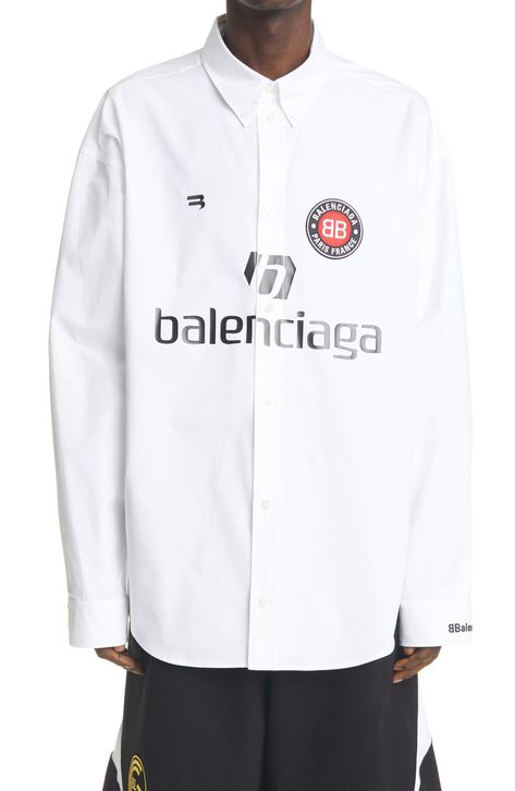 Balenciaga Soccer Logo Oversize Poplin Button-Down Shirt available at #Nordstrom Soccer Logo, Creative T Shirt Design, Layered Fashion, Sports Uniforms, Black Men Fashion, Poplin Shirt, Streetwear Fashion, Black Men, Chef's Jackets