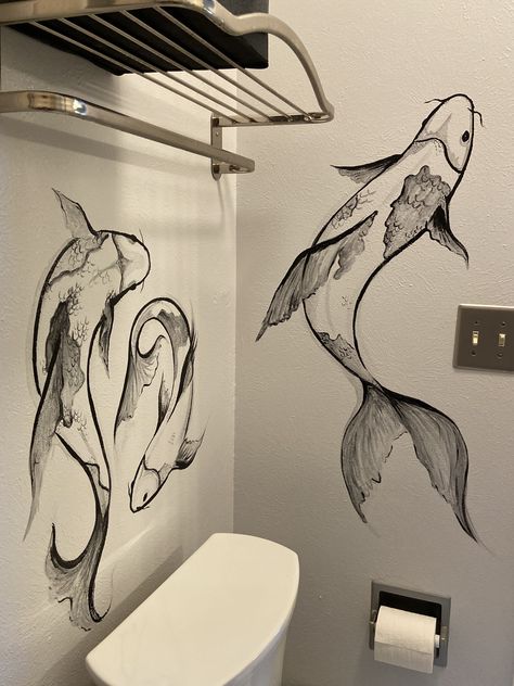 Fish Mural, Wall Drawing Ideas, Bedroom Art Painting, Bathroom Wall Mural, Bathroom Mural, Cottagecore Kitchen, Coy Fish, Wall Drawings, Mural Art Design