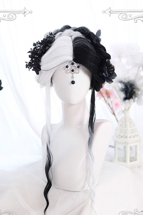 SKU: LIN00338 Fabric:High Temperature Wire Style types: Gothic Lolita Season: Spring, Summer, Autumn, Winter Notice: Any of the accessory is not included. Wig Length: 70-75CM. Vtuber Inspiration, Fairytale Outfits, Long Wavy Curly Hair, Black And White Goth, Dark Angel Costume, Black White Hair, Art Bases, Gothic Hair, Black Hair Wigs