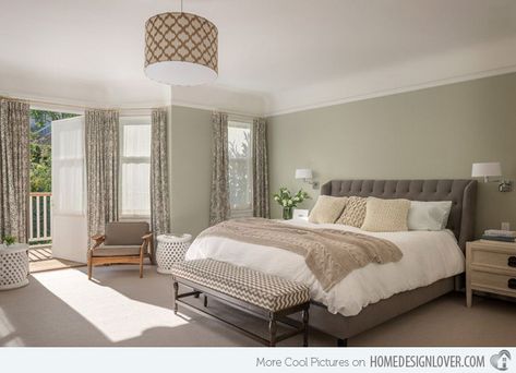 This Spanish Olive on the walls matched with bluish-grays on the furniture projects a light and classic mood. This color scheme is so calmin... Classic Contemporary Bedroom, Transitional Bedroom, Traditional Bedroom, Spare Bedroom, Bedroom Paint, Remodel Bedroom, Murphy Bed, Contemporary Bedroom, Beautiful Bedrooms