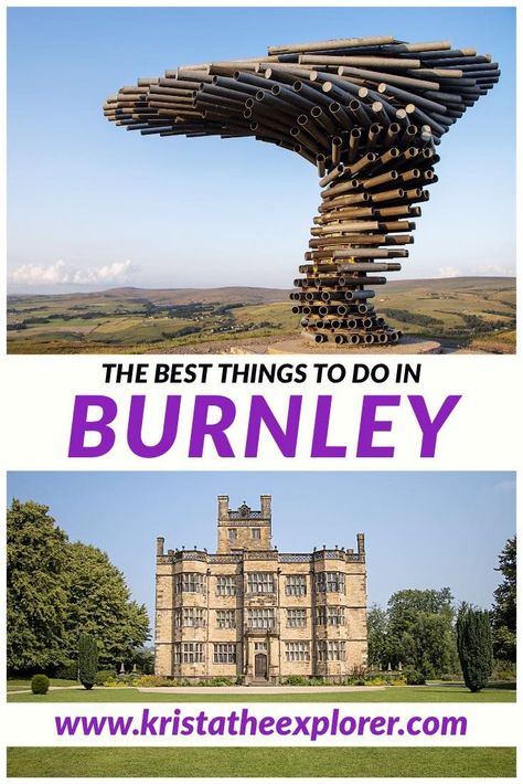 Statue made of pipes in the shape of a bending tree. Historic manor house set in a grass field. England Tourism, Burnley Lancashire, Montenegro Travel, Industrial City, England Countryside, United Kingdom Travel, Netherlands Travel, Interesting Places, Europe Travel Guide