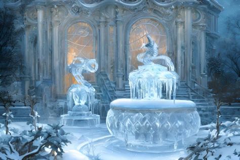 Cj Core, Castle Aesthetic Interior, Frozen Aesthetic, Crystal Fountain, Frozen Fountain, Snow Garden, Ice Land, Snow Castle, Fire Crystal