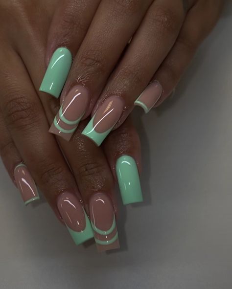 Mint Green Nail Designs, Teal Nails, Nails Art Ideas, Green Nail Art, Nail Art Tips, French Tip Nail Designs, Green Nail Designs, Colored Acrylic Nails, Green Nail