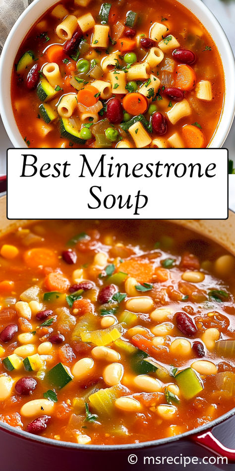 Dive into a bowl of the best minestrone soup, brimming with colorful vegetables, tender pasta, and a flavorful tomato broth. This recipe is a must-try for any soup lover! Clean Minestrone Soup, Minestrone Crockpot Soup, Minestrone Soup Recipe No Pasta, Thick Minestrone Soup Recipe, Weight Watchers Minestrone Soup, Minestrone Soup Beef, Turkey Minestrone Soup, Minestrone Soup No Beans, Small Batch Minestrone Soup