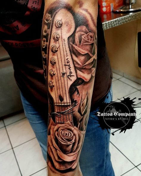 Guitar with Roses #tattoo #guitartattoo Guitar With Roses, Music Tattoos Men, Tattoo Guitar, Rip Tattoos For Dad, Daniel Tattoo, Guitar Tattoo Design, Music Tattoo Sleeves, Skull Rose Tattoos