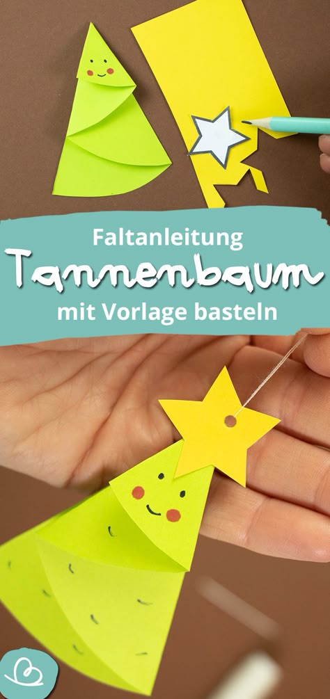 Last Minute DIY für den Tannebaum oder als Geschenkeanhänger. Kleiner Tannebaum aus Papier falten. #basteln #baumschmuck #christbaumschmuck #christbaum #bastelnmitpapier #basteln #diy #anleitung #vorlagen #bastelnmitkindern #bastelideen Winter Kindergarten, Xmas Diy, Diy Origami, Winter Diy, Paper Folding, Last Minute, Diy For Kids, Art For Kids, Christmas Diy