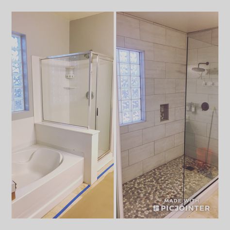 Bathroom Shower Before And After, Replace Tub With Walk In Shower Ideas Before And After, Garden Tub Shower Combo Remodel, Shower Expansion Before And After, How To Turn A Tub Into A Shower Walk In, Master Bath Redo On A Budget, Before And After Shower Remodel, Extended Shower Master Bath, Shower Retile