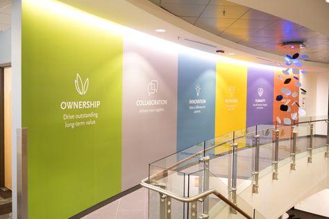 Corporate Wall Design, Values Display, Wall Branding, Graphic Design Office, Office Wall Graphics, Office Graphics, Culture Wall, Office Mural, Corporate Values