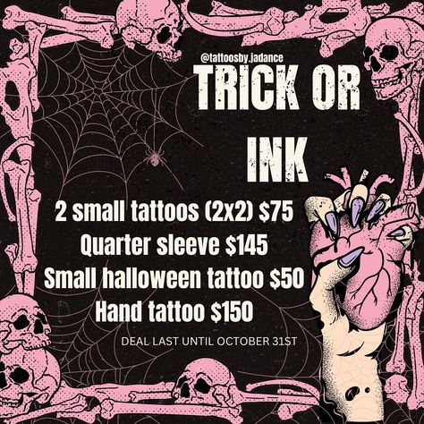 Halloween deal for all my clients 👻 Deal last until october 31st, must send $20 deposit 🎃 - not too much detail for hand & quarter sleeve tattoos!! - black ink only!! color will be an extra charge!!! #halloween #tattoos #stockton #explore #209 #tattooartist #deals #stocktontattoos #explorepage Quarter Sleeve Tattoos, Tattoos Black, Halloween Tattoos, Quarter Sleeve, Hand Tattoos, Small Tattoos, Sleeve Tattoos, Too Much, Tattoo Artists