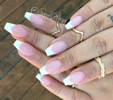 Perfect coffin shape french tips Long French Tip Nails, White Tip Acrylic Nails, Coffin French, Short French, Makeup Tip, Sculpted Nails, French Tip Nail Designs, Short Coffin, Pink Gel