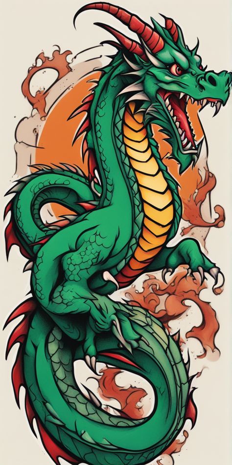 A vibrant Neo-traditional style dragon tattoo design displayed on a blank canvas. The drawing features striking colors and intricate details, embodying strength and majesty. Neo Trad Dragon, Neotraditional Dragon, Japanese Dragon Drawing, Traditional Dragon, Drawing Features, Asian Dragon Tattoo, Neotraditional Tattoo, Fabric Paint Diy, Asian Dragon