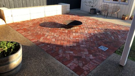 Old red brick paving in herringbone Herringbone Brick Patio, Red Brick Herringbone Patio, Herringbone Brick Patio With Fire Pit, Herringbone Block Paving, Red Brick Paving, Brick Wallpaper Living Room, Paving Ideas, Brick Paving, Landscaping Inspiration