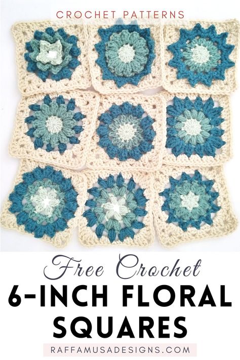 a picture showing the 9 crocheted flower squares, each measuring about 6" (12.5 cm) Floral Granny Square, Crochet Cal, Granny Square Patterns, Granny Square Pattern Free, Flower Granny Square, Baby Clothes Patterns Sewing, Crochet Best, Crochet Afghan Patterns Free, Big Board