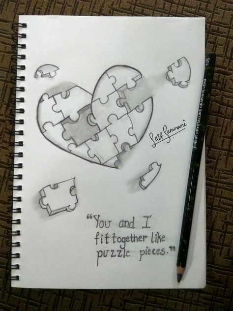 Puzzle Piece Heart Drawing, Emotional Sketch Ideas Love, Puzzle Drawing Ideas Easy, Lovers Drawings Easy, Heart Puzzle Drawing, Sketches For Him, Things To Draw For Girlfriend, Meaningful Drawing Ideas Easy Love, Puzzle Art Drawing