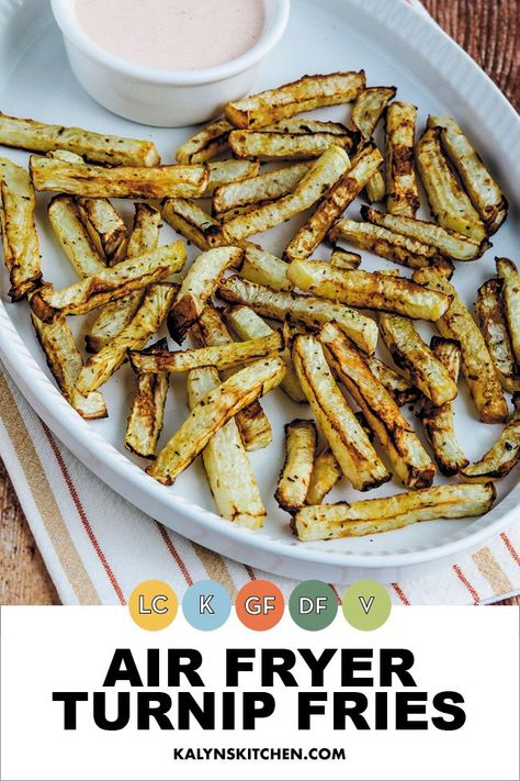 We absolutely swooned over these Air Fryer Turnip Fries when we tested the recipe, and these are delicious low-carb french fries! You can eat them with a variety of different sauce options, but we loved them with our favorite Utah Fry Sauce! [found on KalynsKitchen.com] #AirFryerTurnipFries #TurnipFries How To Cook Turnips, Air Fryer Fries, Turnip Fries, Air Fryer Recipes Low Carb, Turnip Recipes, Winter Comfort Food, Fry Sauce, Low Carb Sides, Low Carb Soup