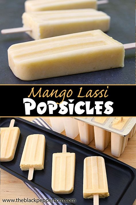 Mango Lassi Popsicle. Frozen Mango smoothie with mango puree, yogurt, milk, honey and cardamom. Frozen Mango Smoothie, Coffee Popsicles, Mango Popsicles, Frozen Mango, Mango Cake, Just Juice, Yogurt Milk, Mango Lassi, Homemade Popsicles