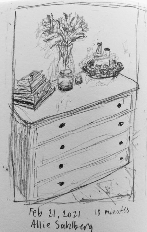 Drawing Ideas Objects Easy, Still Objects Sketch, Easy Object Sketches, Object Study Sketches, Pottery Sketches Drawing, Inanimate Objects Drawing, Dresser Drawing, Random Objects To Draw, Easy Objects To Draw