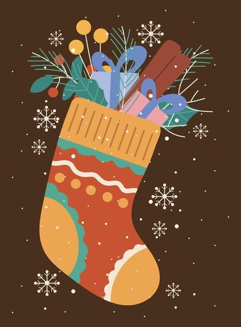 Christmas greeting New Year card with sock and decor, twigs, snowflakes, gift boxes, leaves, cinnamon. Vector illustration on a dark background. New Year Vector Illustration, Christmas Socks Illustration, Socks Illustration, Christmas Widgets, Dark Illustration, Background Dark, Background Background, Graphic Elements, New Year Card