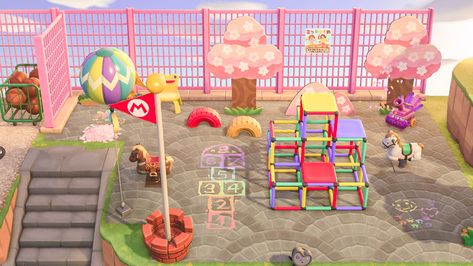 Nooks Cranny Ideas Acnh Kidcore, Acnh Space Fillers Kidcore, Animal Crossing Playground Ideas, Acnh Playground Idea, Animal Crossing Playground, Acnh Amusement Park Ideas, Kidcore Playground, Acnh Boho, Anch Kidcore