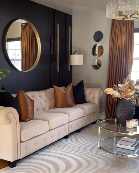 Brown Black And Gold Living Room, Black Gold Beige Living Room, Black Brown Gold Living Room, Black And Gold Living Room, Mirrored Walls, Gardens Decor, Brown Living Room Decor, Black Living Room Decor, Living Room Decor Neutral