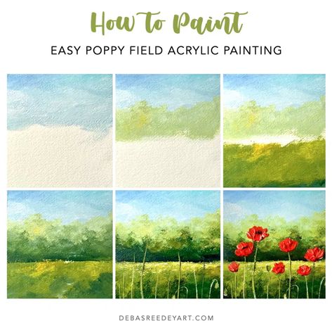 Paint Easy Acrylic, Painting In Sketchbook, Abstract Sunflower Painting, Poppy Field Painting, Acrylic Landscapes, Basic Painting, Oil Painting For Beginners, Easy Flower Painting, Paint Easy