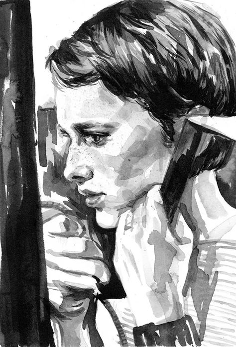 Jingyao Guo’s black and white washes of famous girls from films Wood Painting Techniques, Ink On Watercolor, Painting Black And White, Rosemary's Baby, Pen And Wash, Black And White Portrait, Bright Paintings, White Portrait, Painting People