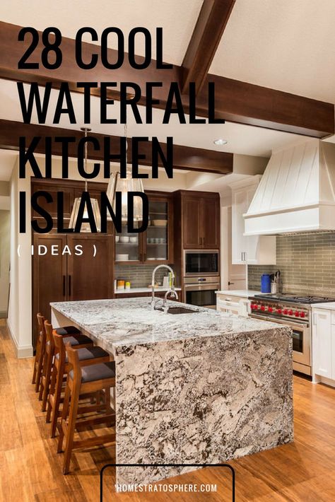 Waterfall Kitchen Counter, Kitchen Islands With Waterfall Edge, Waterfall Granite Island, Water Fall Island Kitchen, Vaulted Ceiling Wall Decor, Granite Waterfall Island, Kitchen Island Waterfall Edge, Kitchen Cathedral Ceiling, Beams In Kitchen