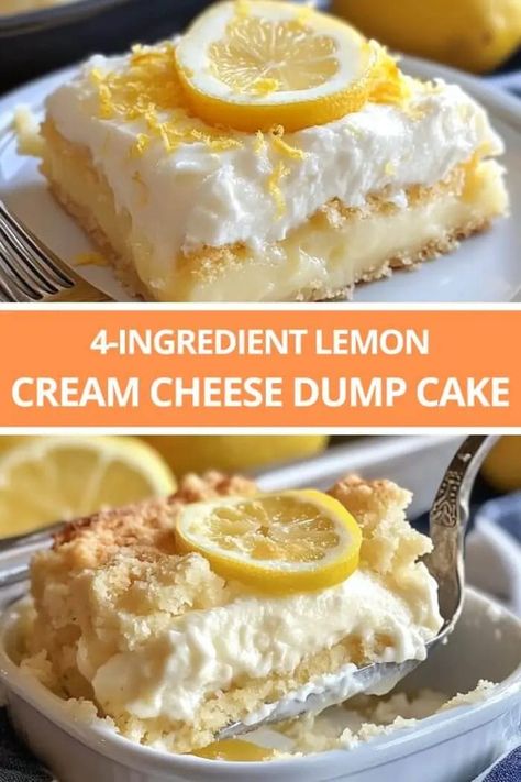 4-Ingredient Lemon Cream Cheese Dump Cake Lemon Cream Cheese Dump Cake, Cream Cheese Dump Cake, Easy Lemon Cake Recipe, Lemon Cake Filling, 3 Ingredient Cakes, Lemon Cake Easy, Desserts With Few Ingredients, Lemon Cream Cheese, Vegetarian Cake