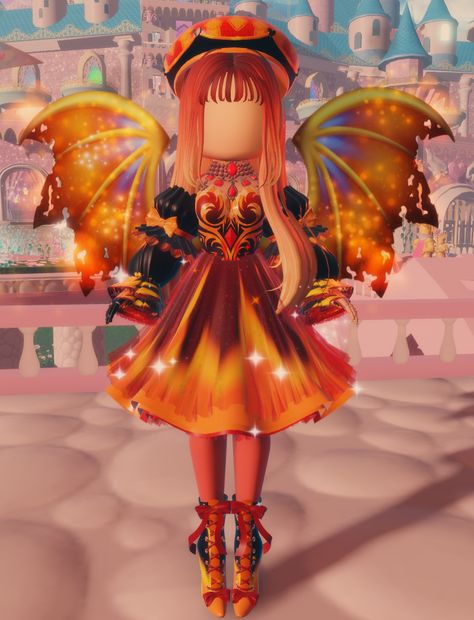 Royale High Fire Fairy Outfit, Fire Witch Outfit, Rose Bangs, Fire Fairy Royale High, Rosé Bangs, Royalhigh Outfits, Goddess Of Triumph, Dark Fairy Outfit, Rh Avatar