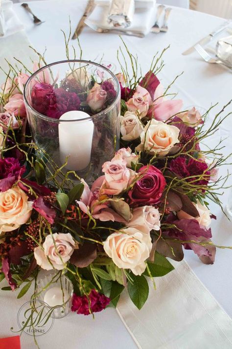 Fabulous table centres of roses with storm lanterns. Sorry dont know original source x www.chirpee.net #chirpeeflowers #wedding #tablecentrepieces #summer #roses Blush Fall Wedding, Burgundy And Blush Wedding, Beautiful Wedding Centerpiece, Arrangement Of Flowers, Flowers And Candles, Table Arrangements Wedding, Rustic Wedding Decorations, Candle Wedding Centerpieces, Tafel Decor